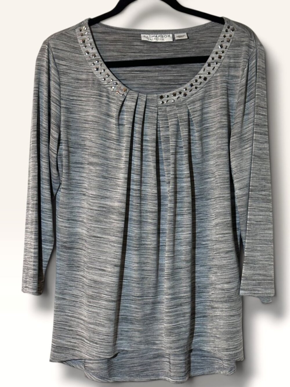 Sag Harbor Gray Long Sleeve Top With Studded Neckline & Pleated Front Womens Med